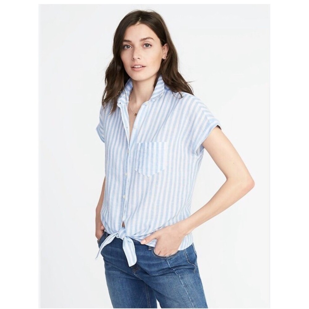 OLD NAVY SIZE MEDIUM BLUE WHITE STRIPE RELAXED TIE FRONT LINEN BLEND SHIRT
